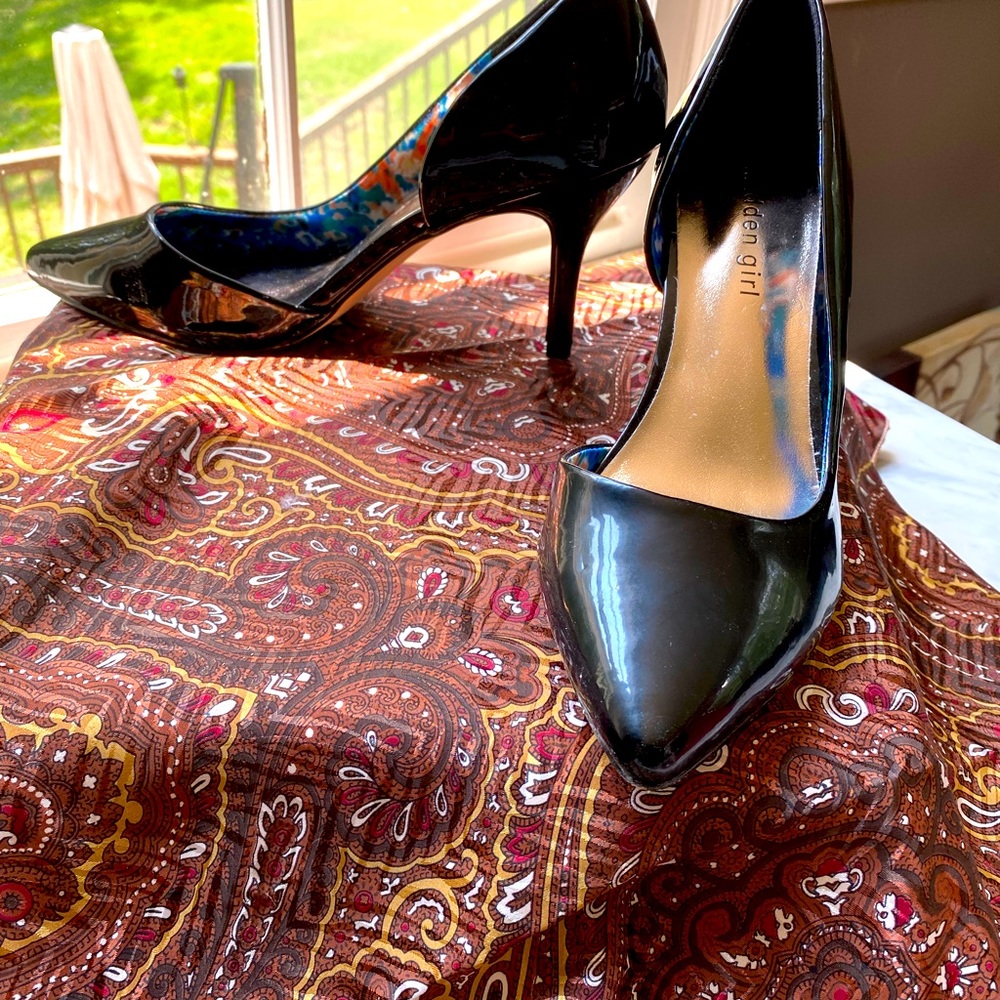 Madden Girl black patent leather. 8M 3” heel.